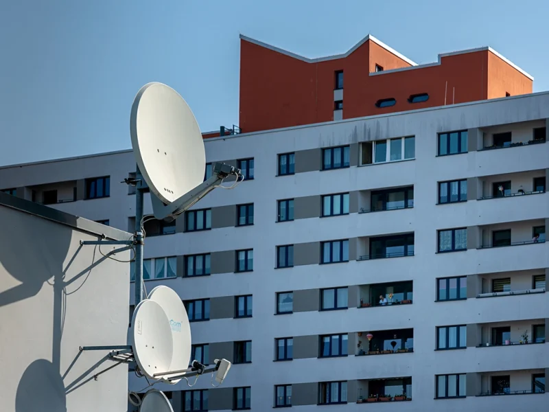 Trzy anteny satelitarne zamontowane na dachu budynku z blokiem mieszkalnym w tle &ndash; temat: naprawa anten satelitarnych.