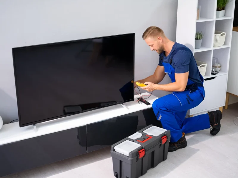 Technik w trakcie diagnostyki po ustawieniu anteny satelitarnej &mdash; precyzyjne strojenie sygnału gwarantuje najwyższą jakość obrazu.